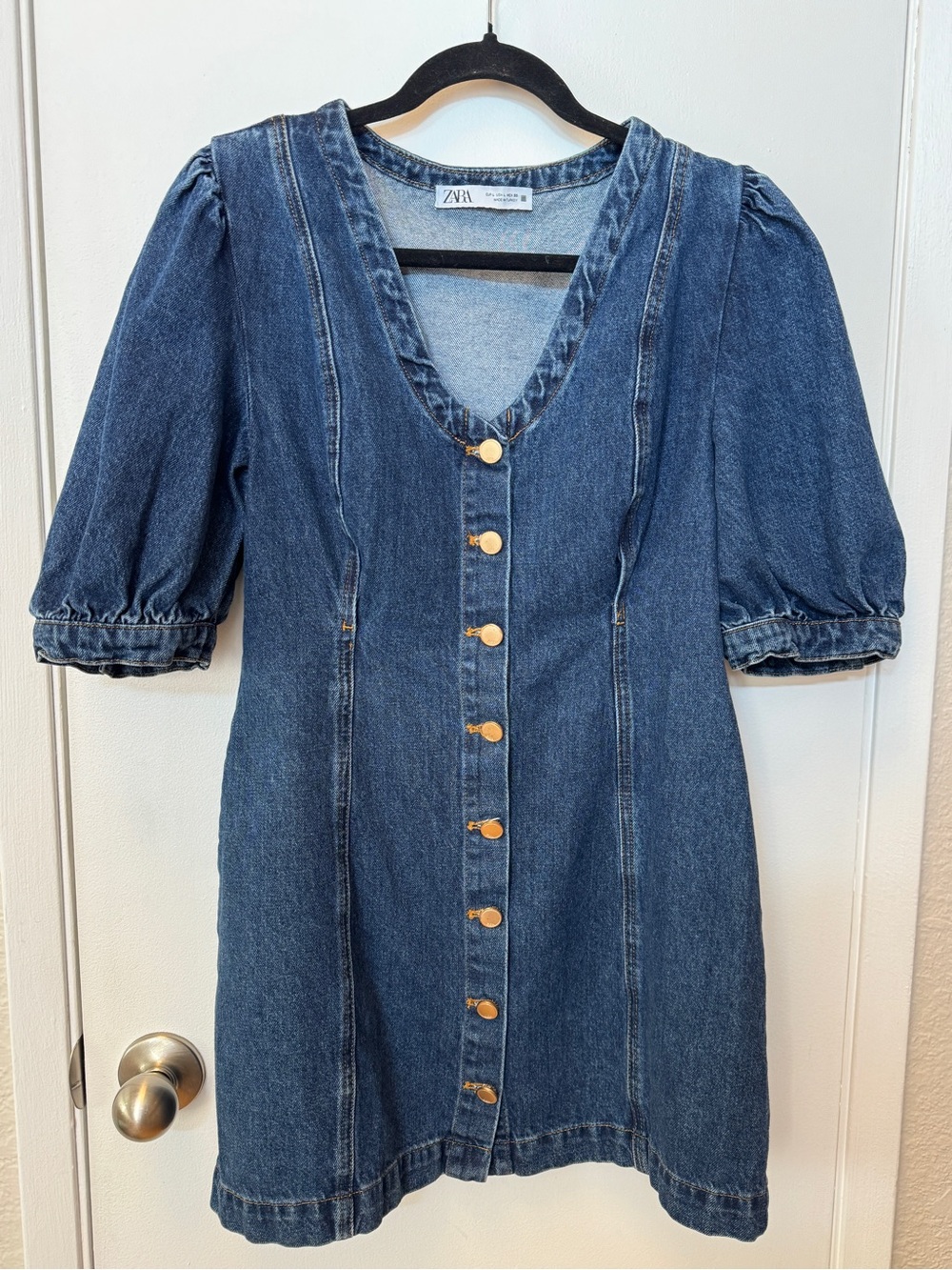 ZARA V-Neck Denim Mini Dress with Puff Sleeves & Gold Buttons